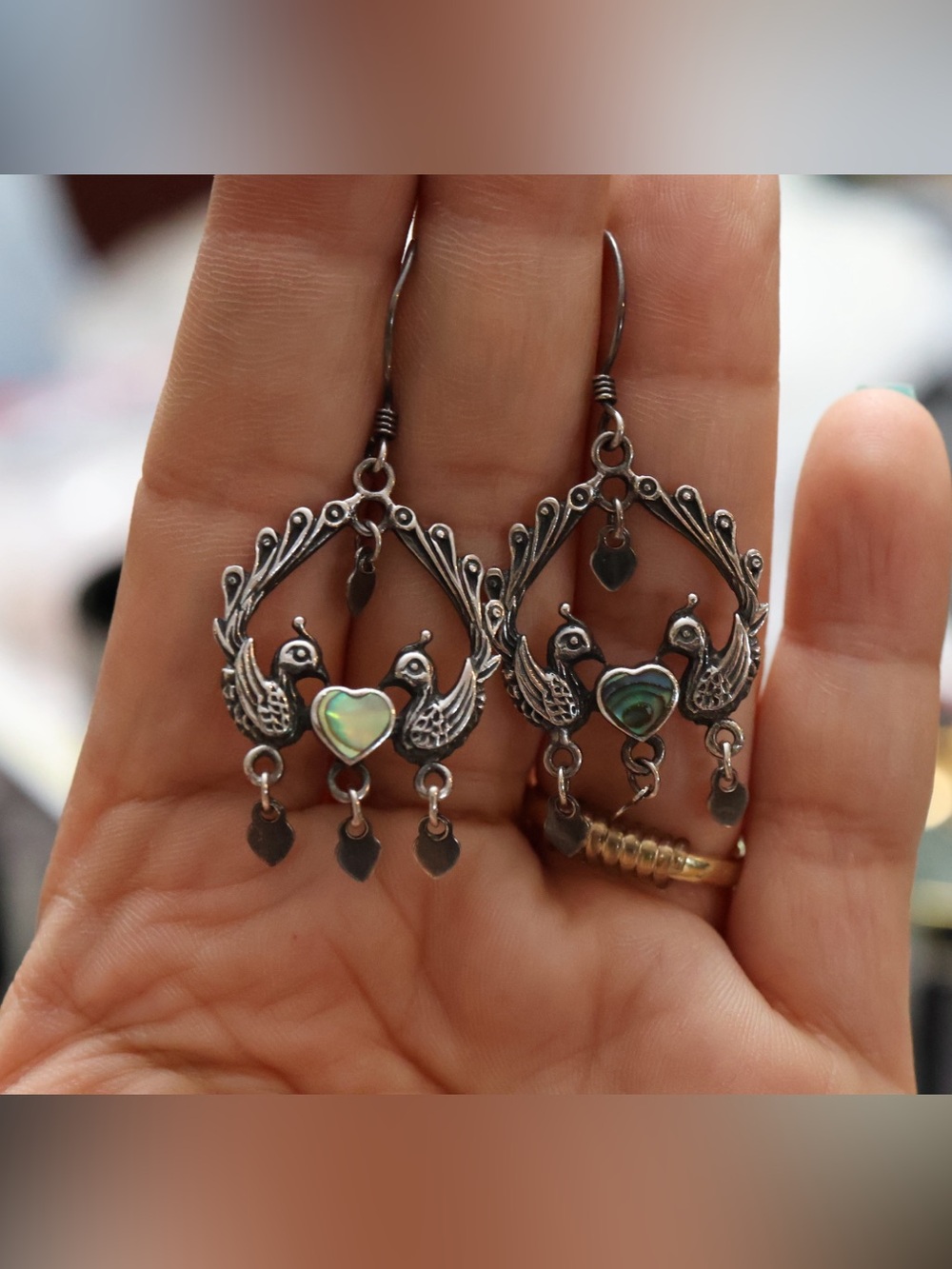 Vintage Silver Peacock Heart Dangle Earrings with Abalone Inlay